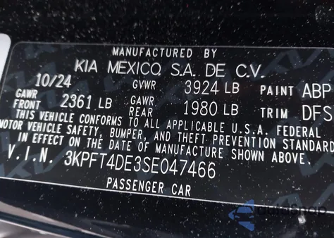 2025 Kia K4 Lxs from USA, damaged, VIN 3KPFT4DE3SE047466